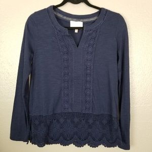 Skies Are Blue Dark Blue Boho Lace Embellished Top